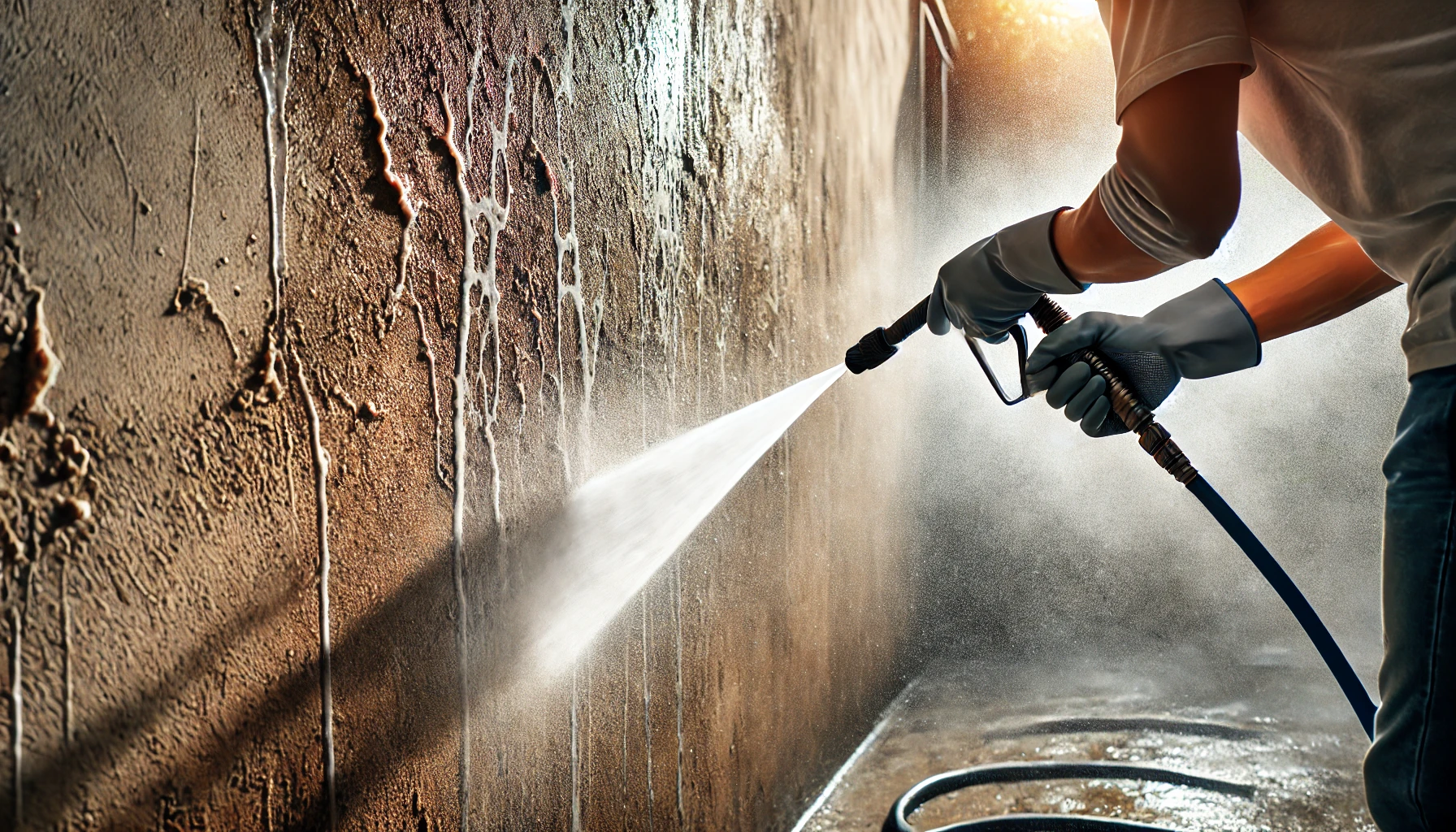 exteriorCleaning2 A worker power spraying an exterior wall.