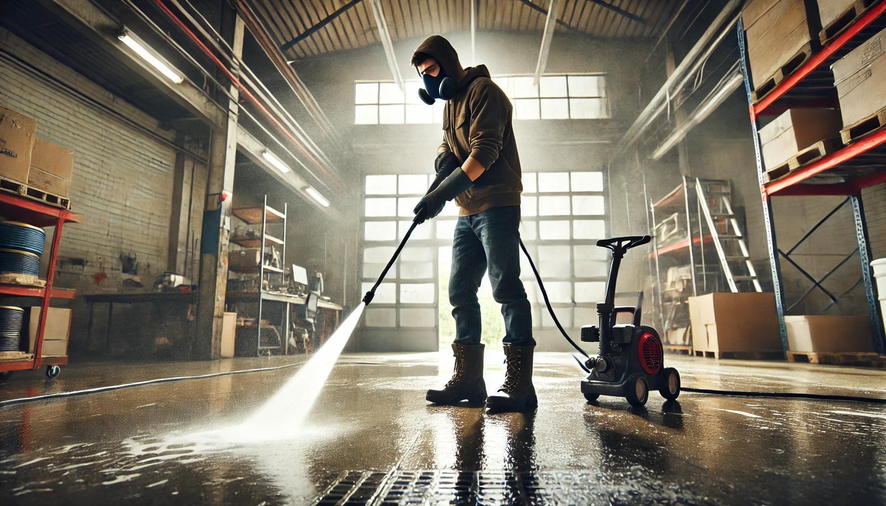 powerWashing3 A worker powerwashes a dirty floor.